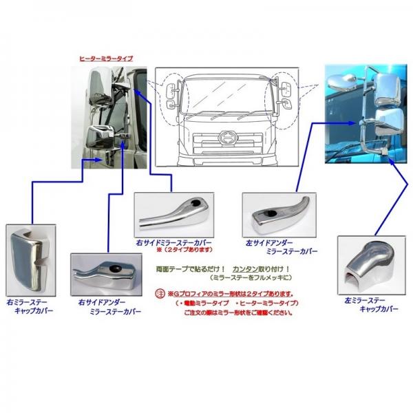 AS 日野エアループプロフィア用メッキミラーステーカバー5点セット(ヒーターミラー用) / トラック用品貨物堂ネットストア